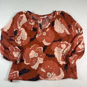 Marine Layer Womens Split Neck Crinkle Gauze Popover Top M‎ Floral Rust Peasant